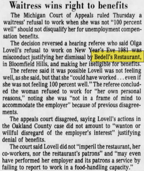 Bedells Restaurant (The Moose Preserve) - 1985 Dispute Over Firing Of Waitress